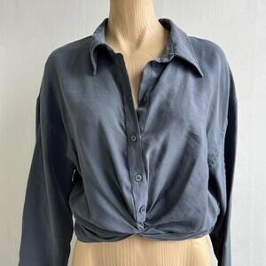 Zara Women’s Blue Dusty Grey Cropped Button Front Blouse L Modal Twist Hem Y2K